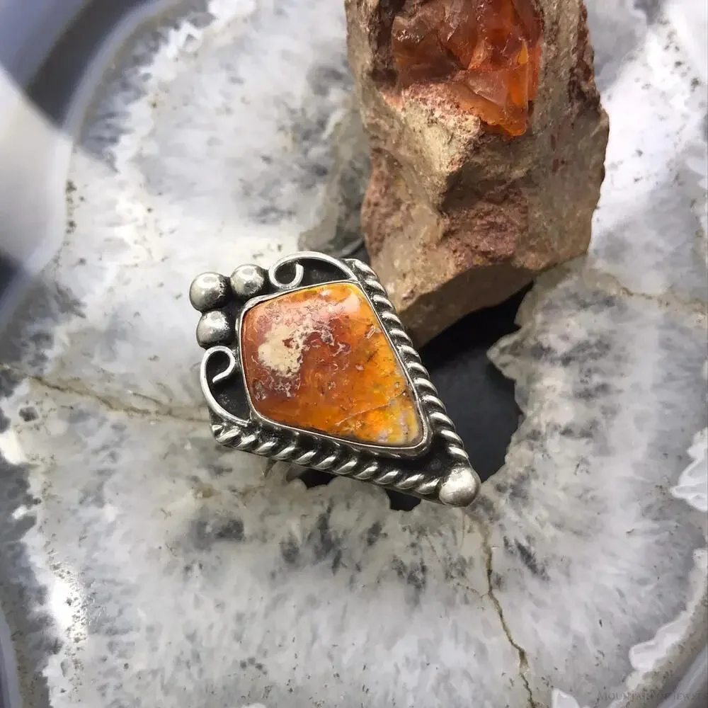 Vintage Native American Sterling Kite Carnelian Decorated Ring Size 8 For Women